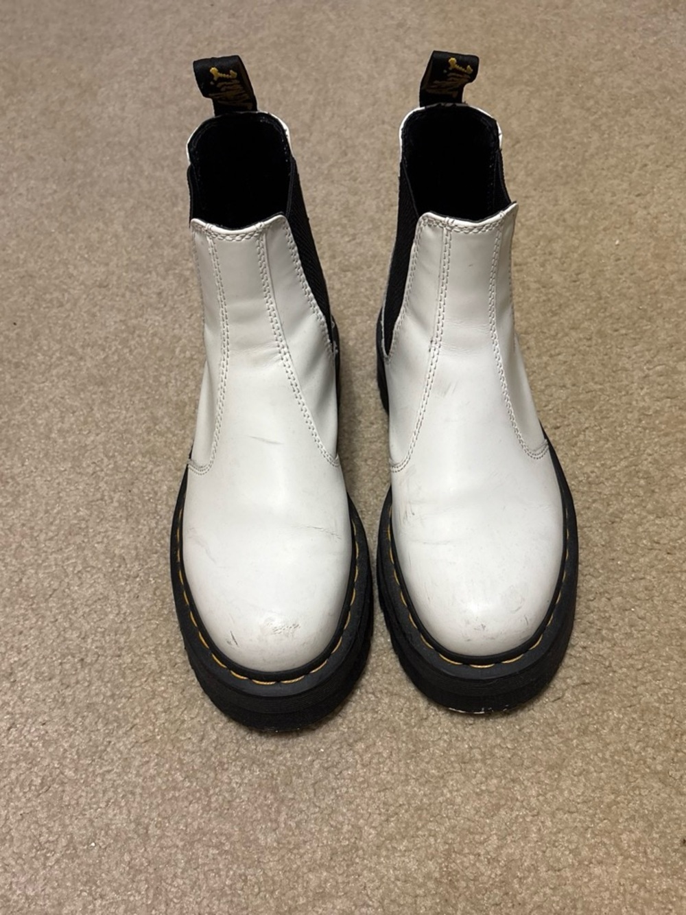 White Chelsea Dr Martens with Black Sole